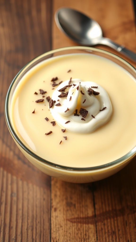 A bowl of creamy vanilla pudding topped with whipped cream and chocolate shavings on a wooden table.